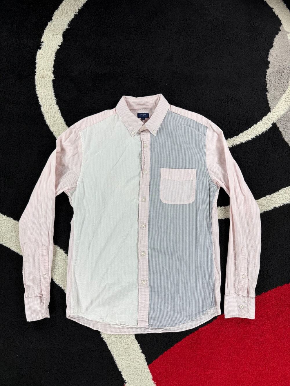 J Crew Shirt Womens Medium White Pink Colorblock Seersucker Button Down Pocket